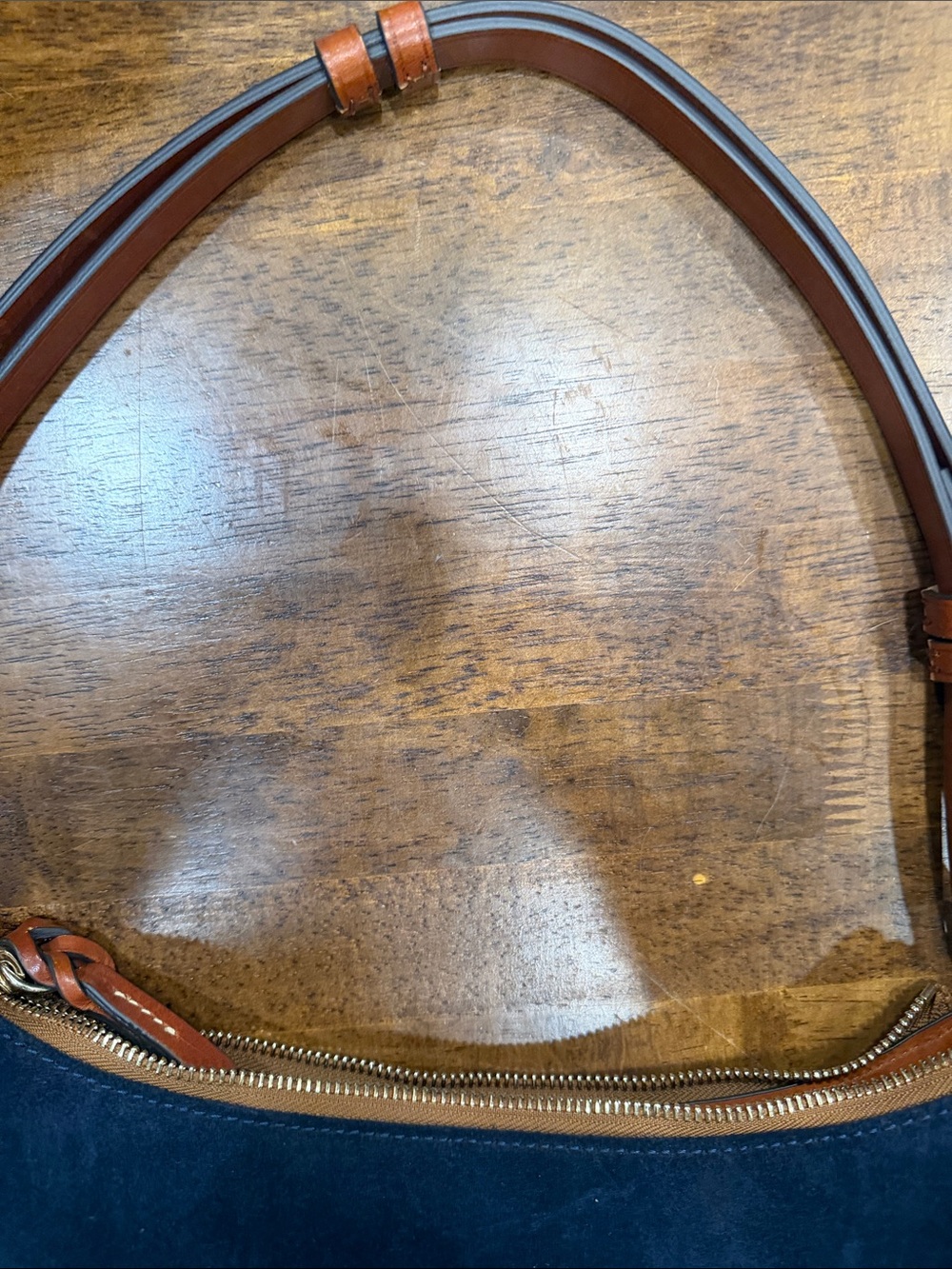 Dooney & Bourke Navy Suede Shoulder Bag with Brown Leather Strap - Picture 5 of 7